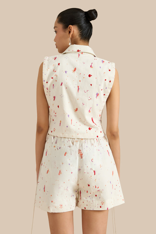 White Denim Embroidered Collar Pleat Bib And Shorts Set