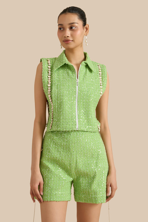 Dark Green Denim Lazercut Bib And Shorts Set