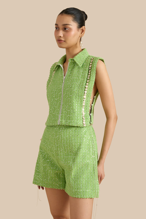 Dark Green Denim Lazercut Bib And Shorts Set