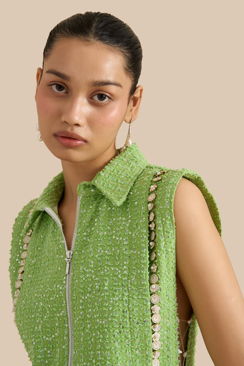 Dark Green Denim Lazercut Bib And Shorts Set