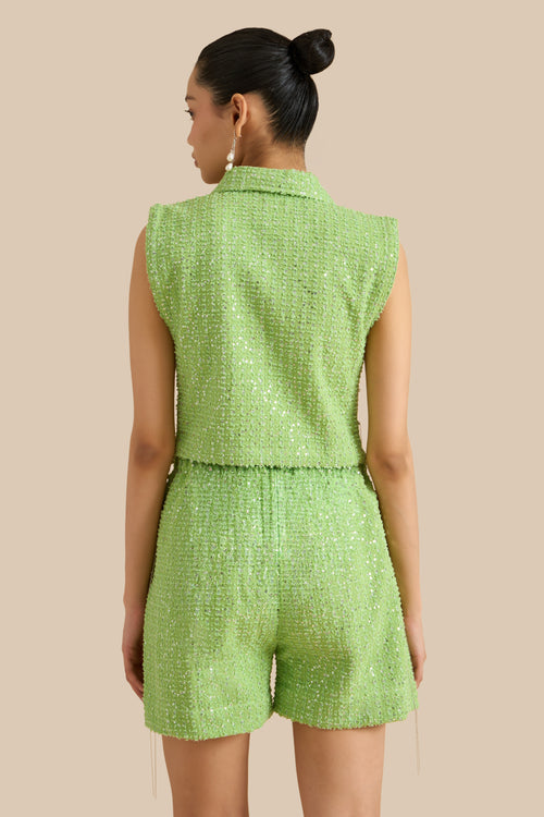 Dark Green Denim Lazercut Bib And Shorts Set