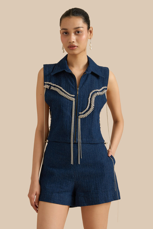 Denim Herringbone Dark Blue Bib And Shorts Set