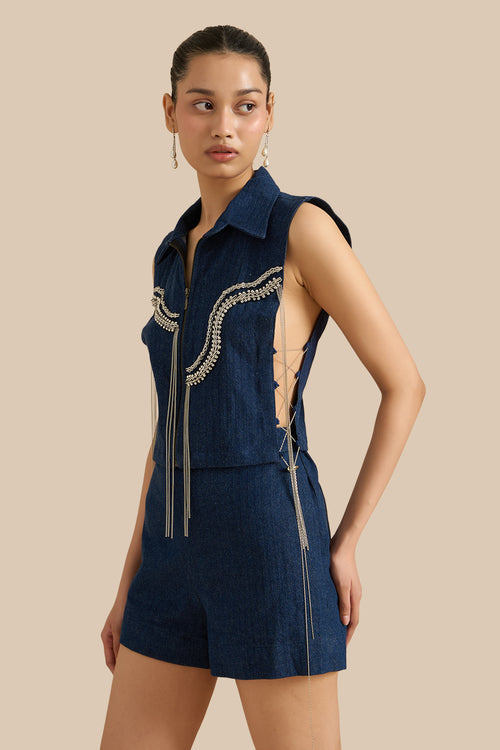 Denim Herringbone Dark Blue Bib And Shorts Set