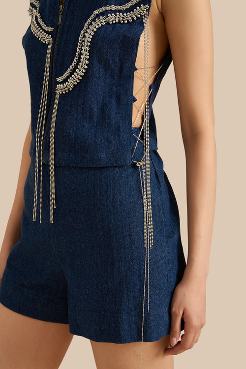 Denim Herringbone Dark Blue Bib And Shorts Set