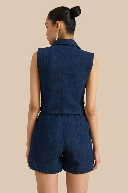 Denim Herringbone Dark Blue Bib And Shorts Set