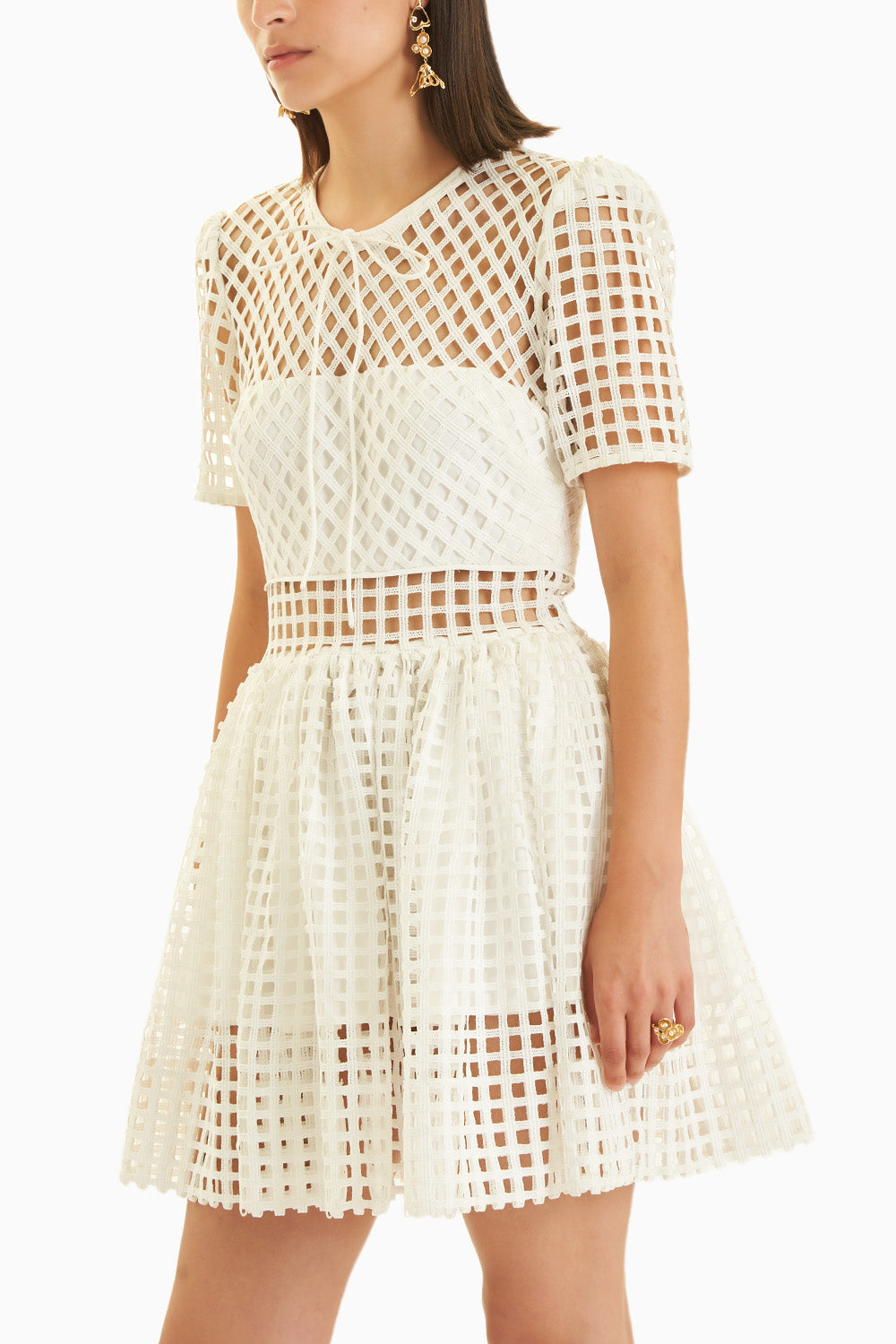 Lattice White Lace Sheer Panelled Mini Dress