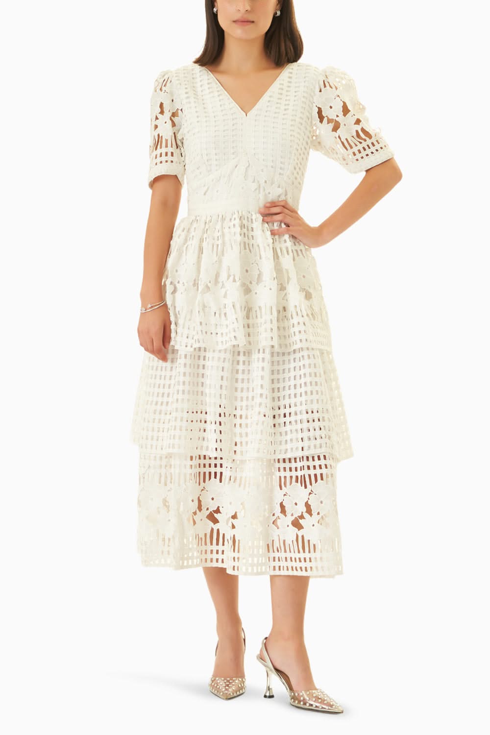 Gridded Lace Fantasy Empire Waist Tiered Dress Gridded Lace Fantasy Empire Waist Tiered Dress