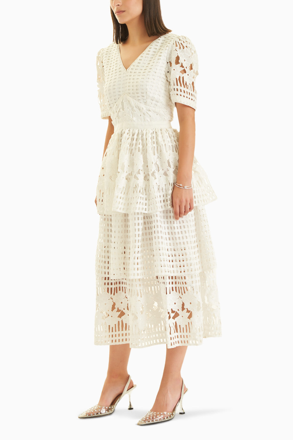 Gridded Lace Fantasy Empire Waist Tiered Dress