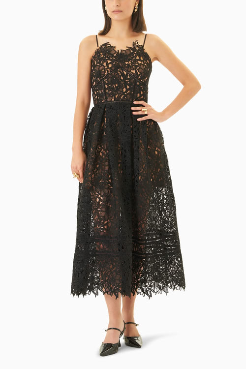 Black Guipure Lace Midi Dress