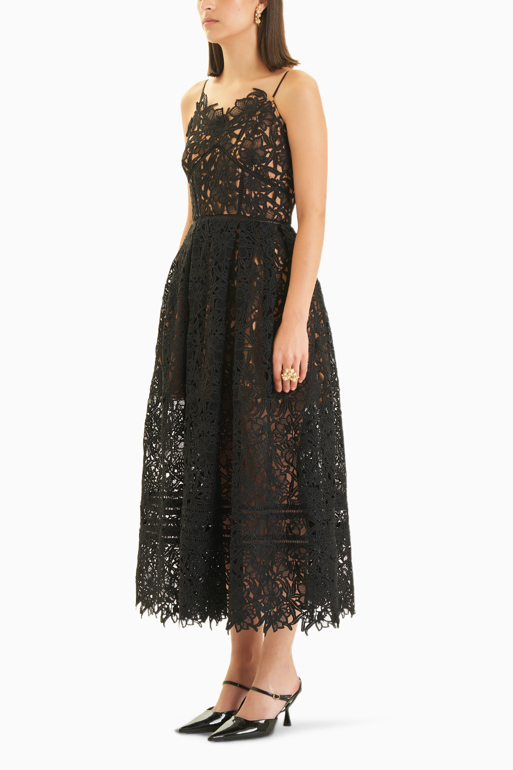 Black Guipure Lace Midi Dress