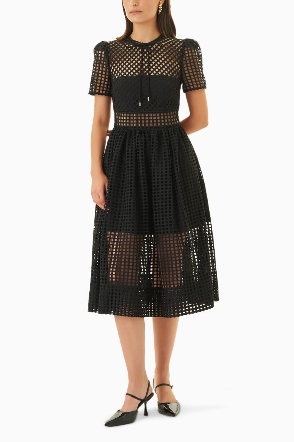 Lattice Black Lace Sheer Panelled Midi Dress