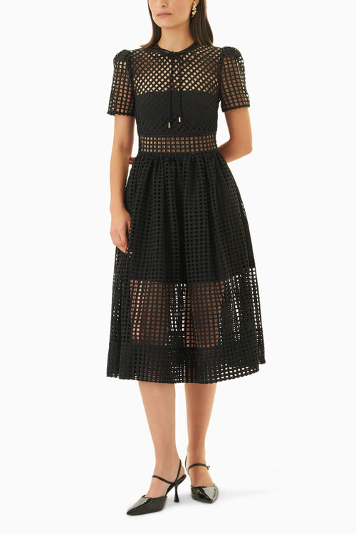 Lattice Black Lace Sheer Panelled Midi Dress