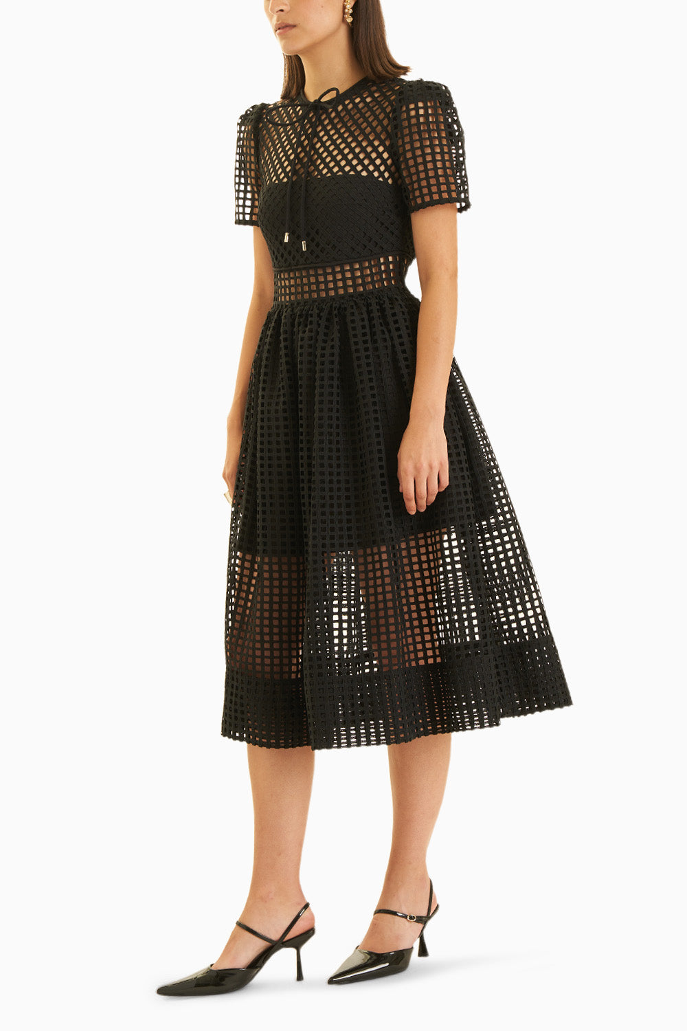 Lattice Black Lace Sheer Panelled Midi Dress