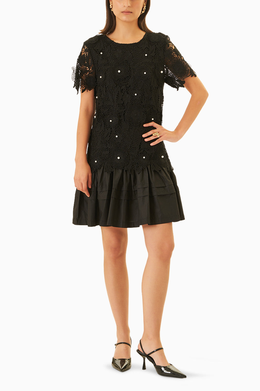 Pearl Studded Black Lace Shift Dress