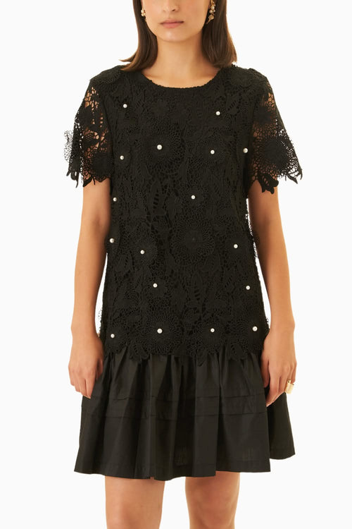 Pearl Studded Black Lace Shift Dress