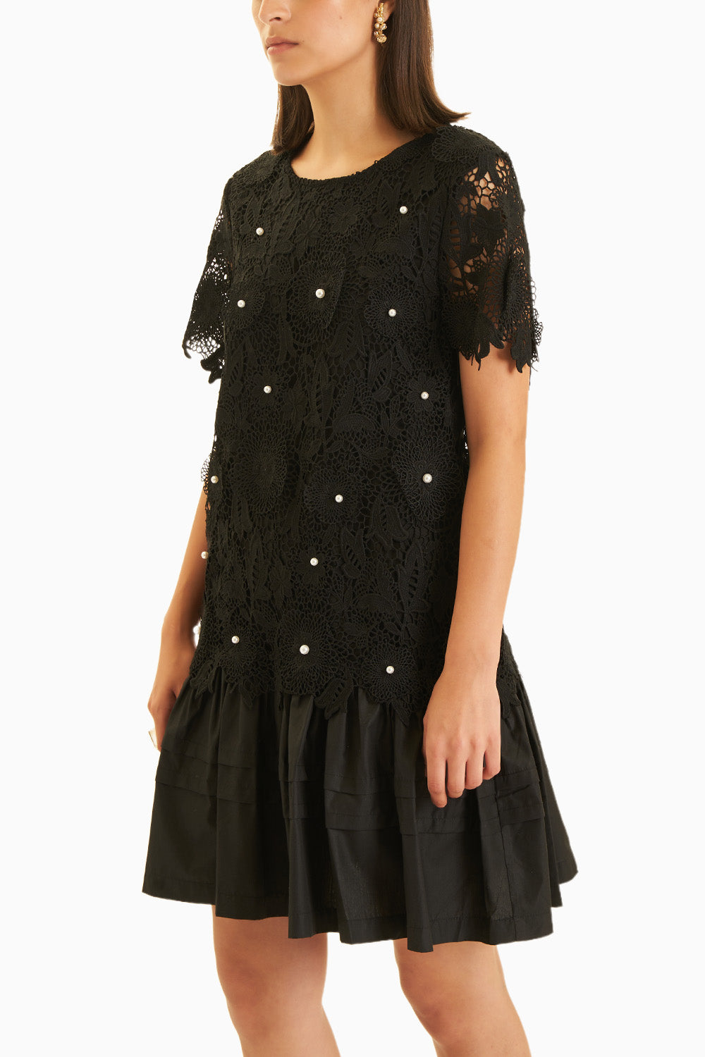 Pearl Studded Black Lace Shift Dress