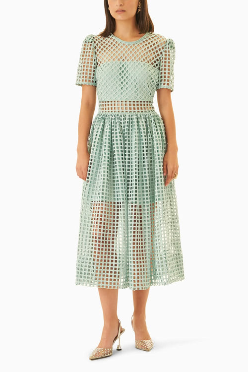 Lattice Teal Blue Lace Sheer Panelled Midi Dress