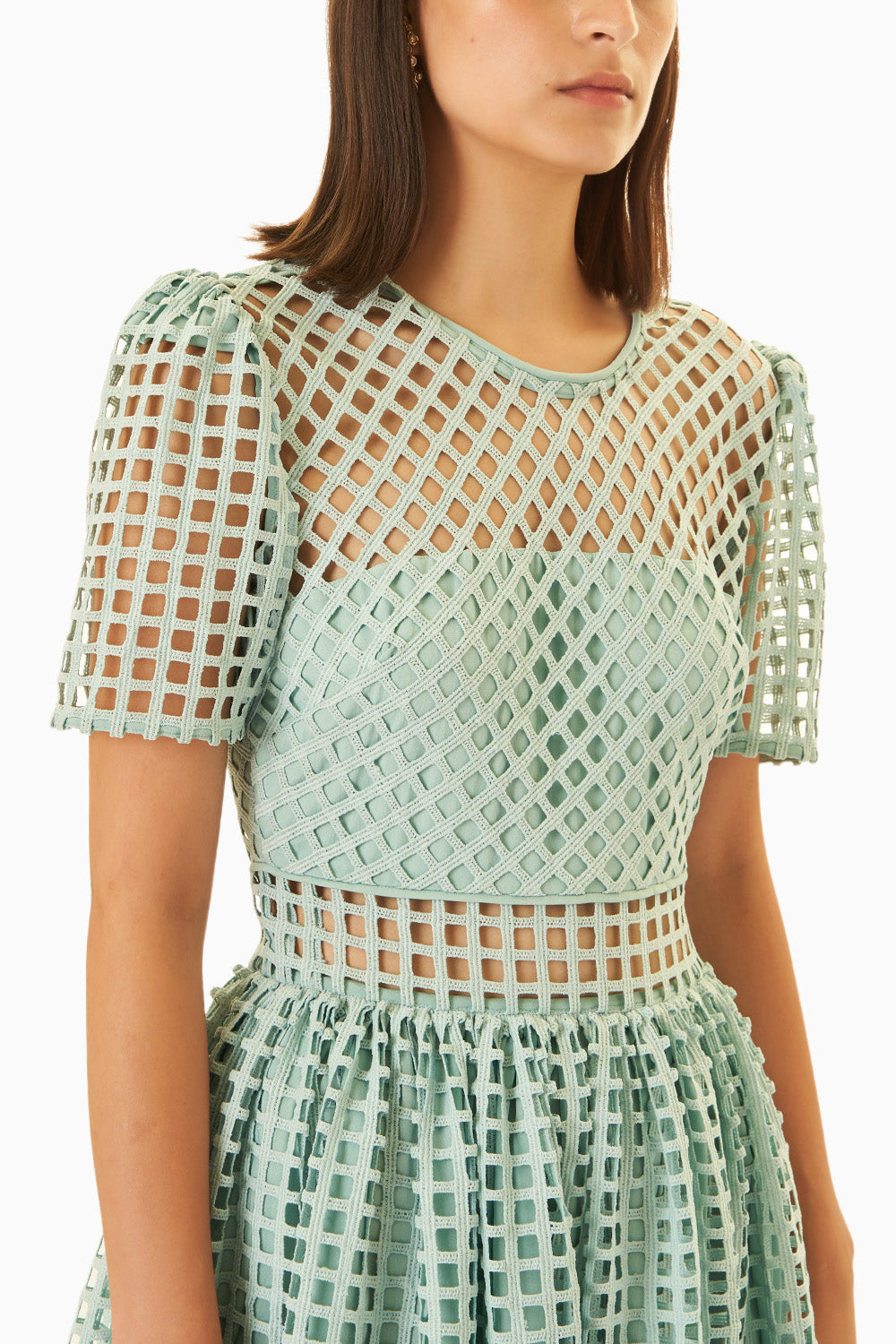 Lattice Teal Blue Lace Sheer Panelled Midi Dress