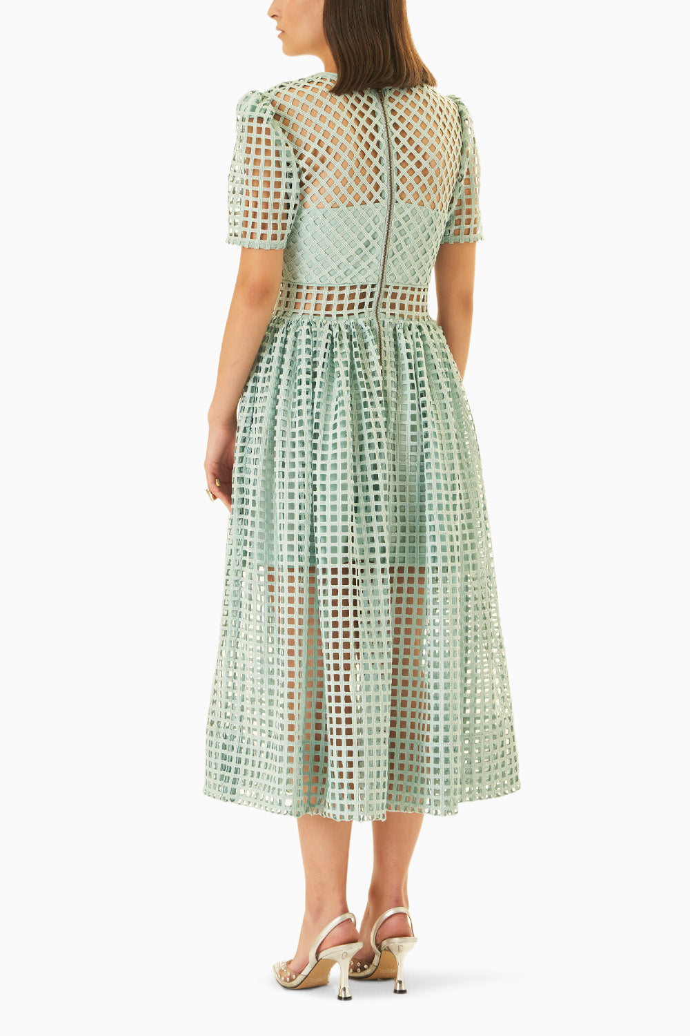 Lattice Teal Blue Lace Sheer Panelled Midi Dress