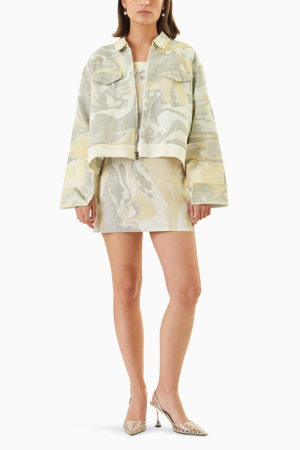 Neutral Layer Cuff Jacket and Satin Slip Dress