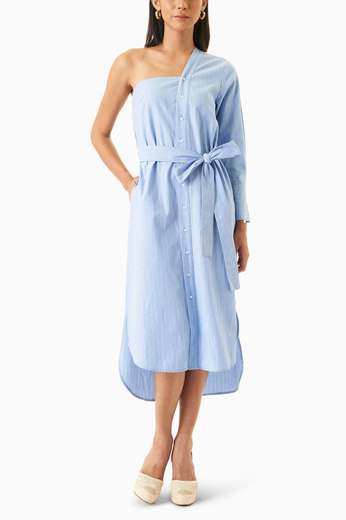 Single Sleeve Blue Shirt Dress