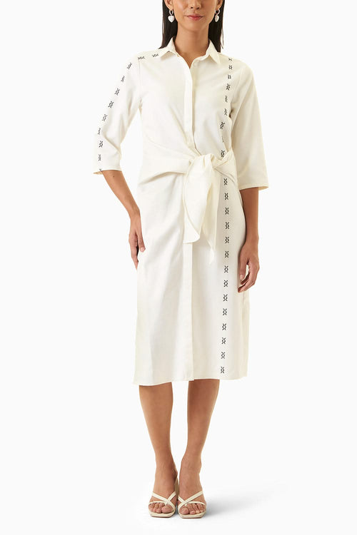 Side Tie Cross Stitched Shirt Dress