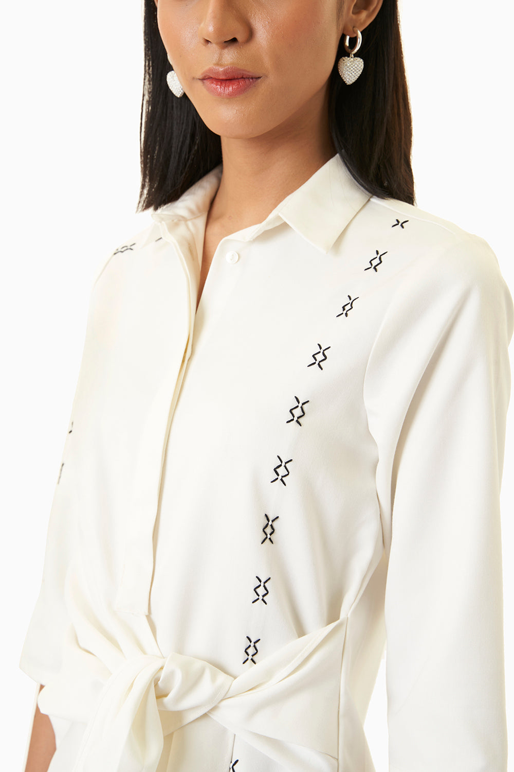 Side Tie Cross Stitched Shirt Dress