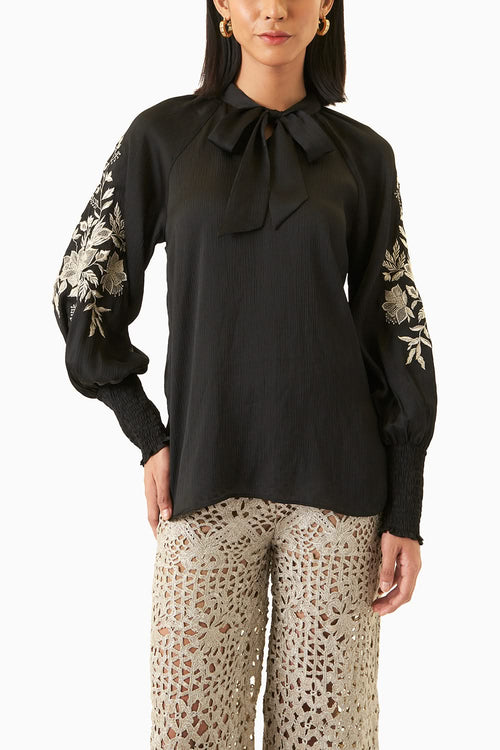Embroidered Black Peasant Top