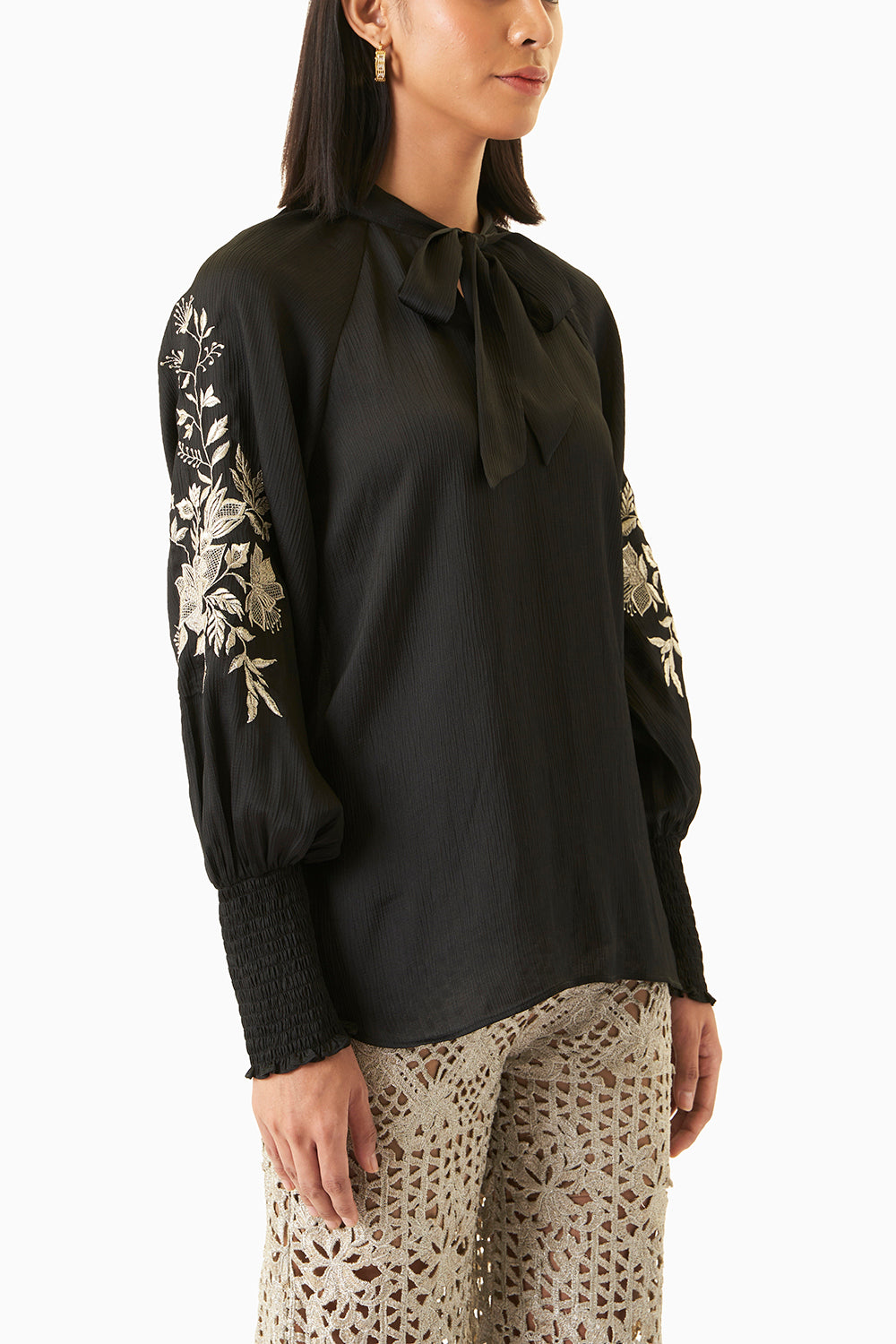 Embroidered Black Peasant Top