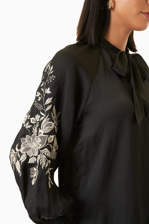 Embroidered Black Peasant Top
