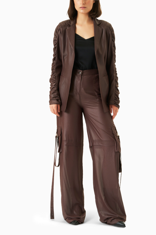Leather Chiffon Draped Appliqué Cutwork Blazer