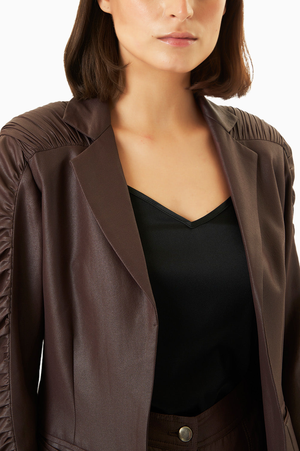 Leather Chiffon Draped Appliqué Cutwork Blazer