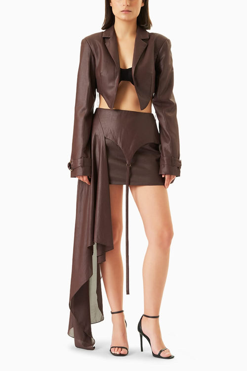 Mahogany Cropped Blazer with Panelled Mini Skirt