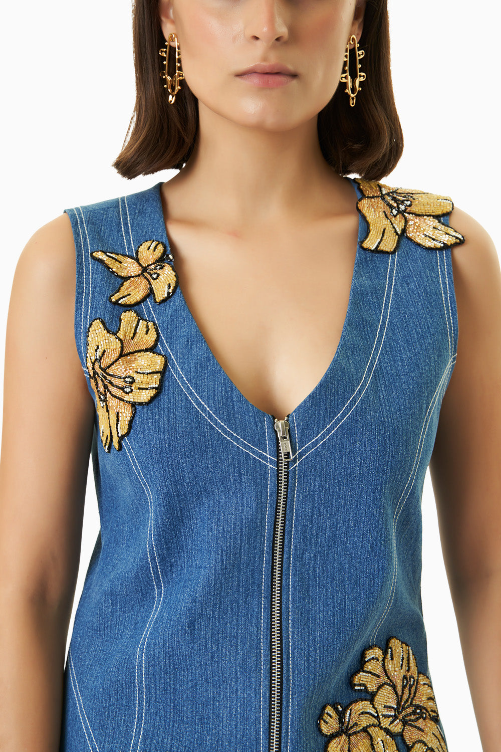 Denim Floral Embroidery Dress