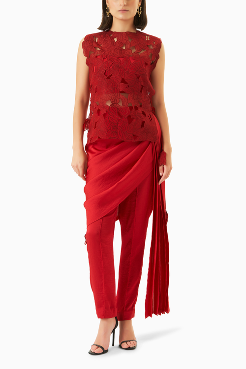 Red Cutwork Vest with Draped Pants and Bustier