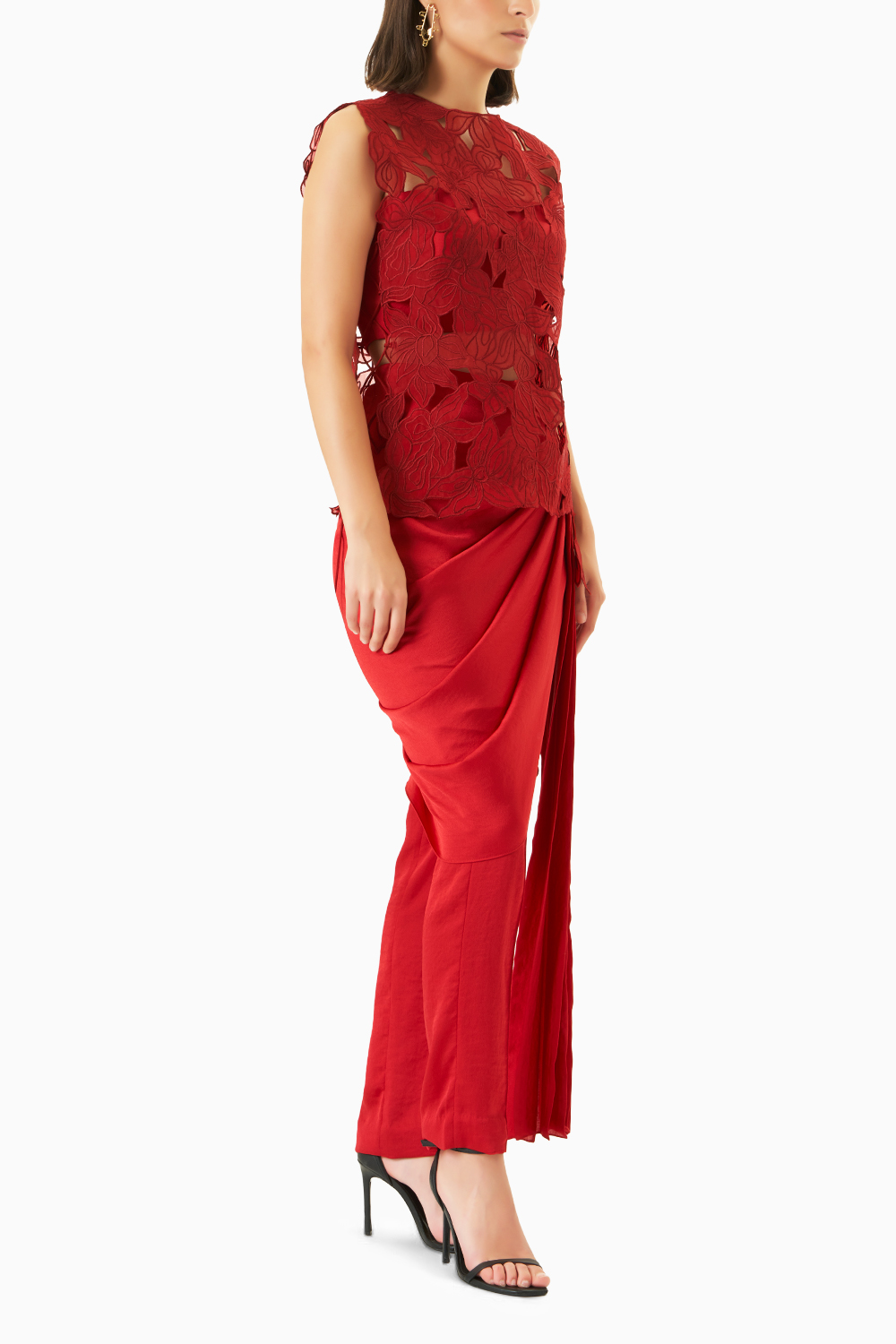 Red Cutwork Vest with Draped Pants and Bustier