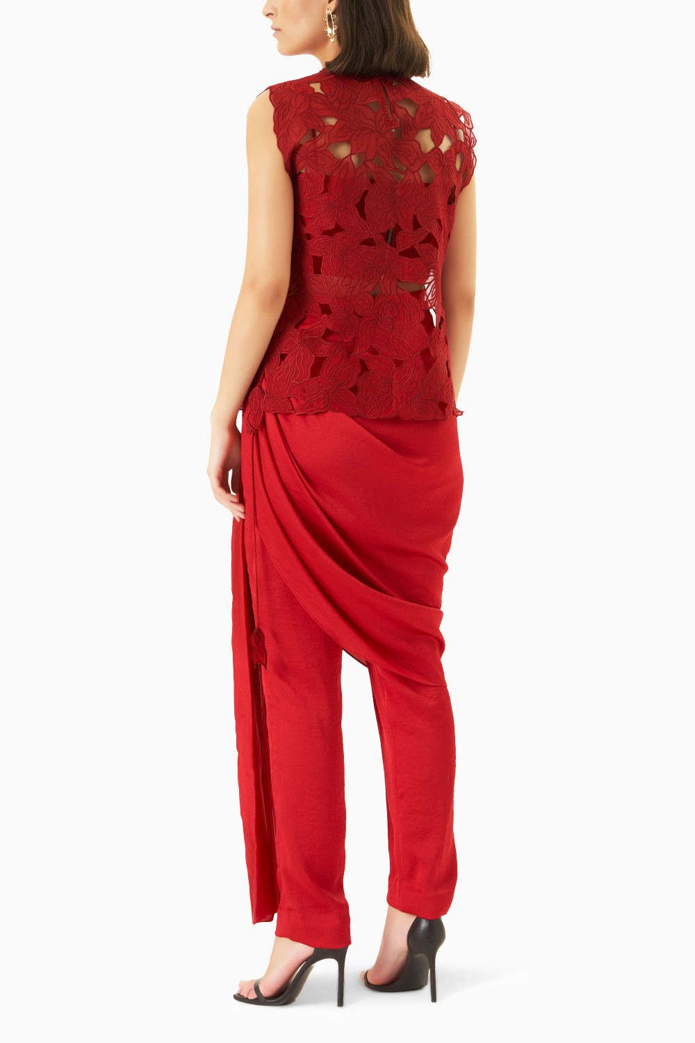 Red Cutwork Vest with Draped Pants and Bustier