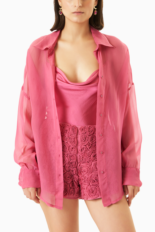 Pink Organza Shirt with Cami and Embroidered Shorts