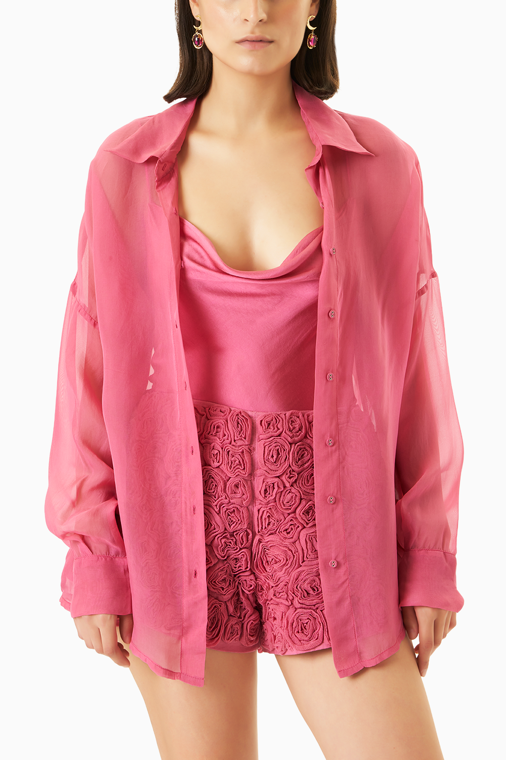 Pink Organza Shirt with Cami and Embroidered Shorts