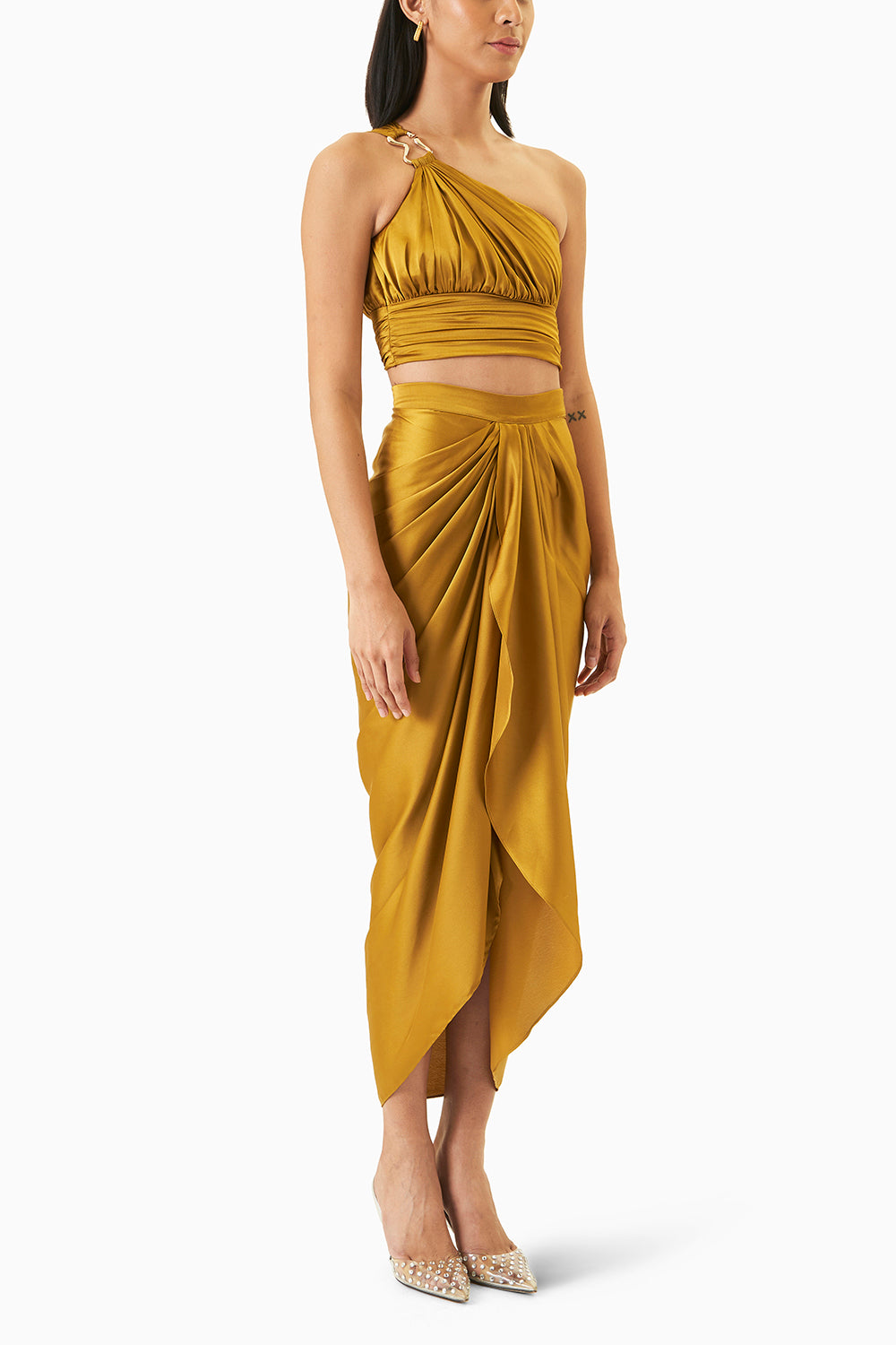 One Shoulder Draped Skirt Set