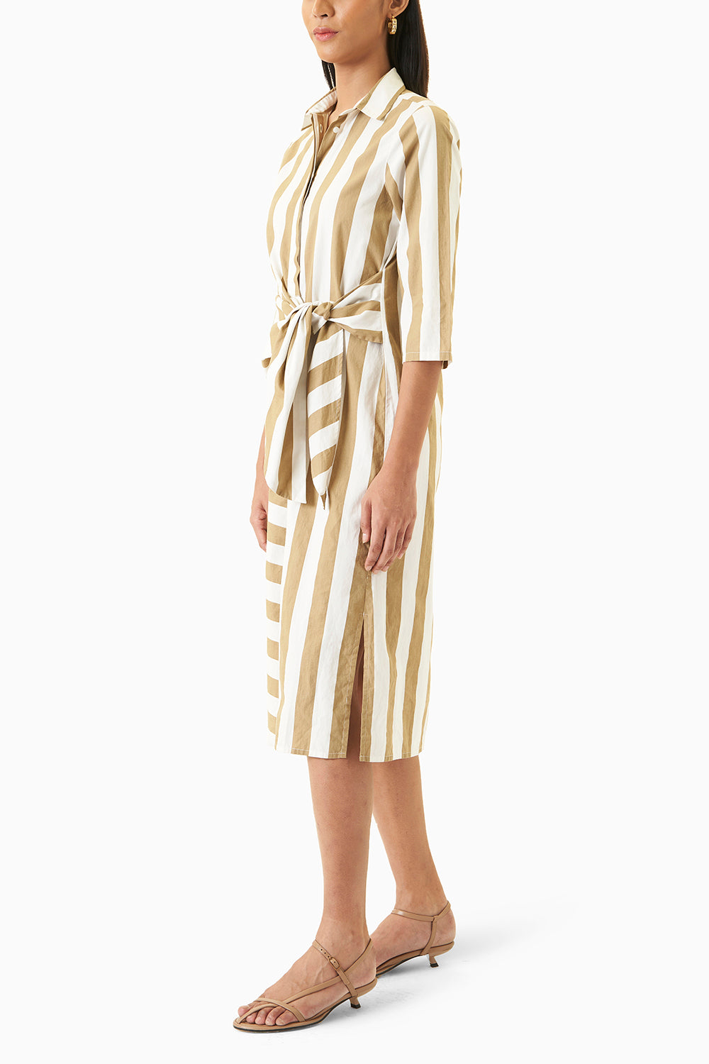 Side Tie Striped Shirt Dress