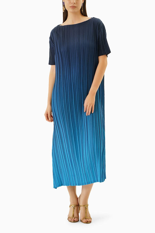 Ombre Blue Pleated Midi Dress