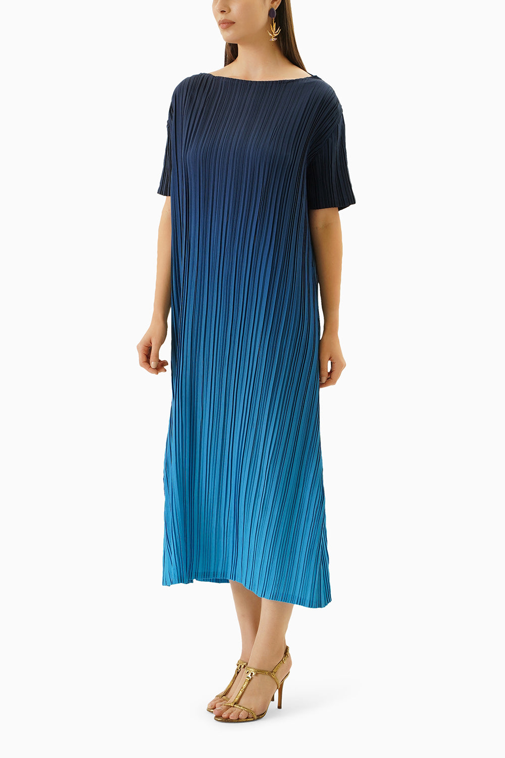 Ombre Blue Pleated Midi Dress