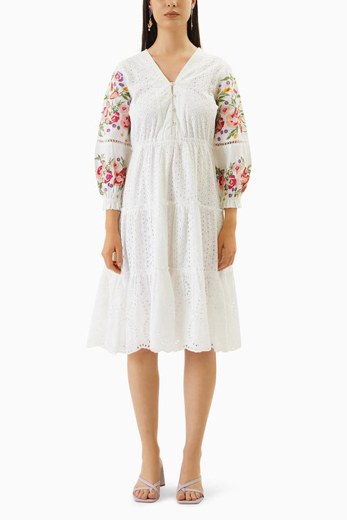 Broderie Tiered Midi Embroidered Dress