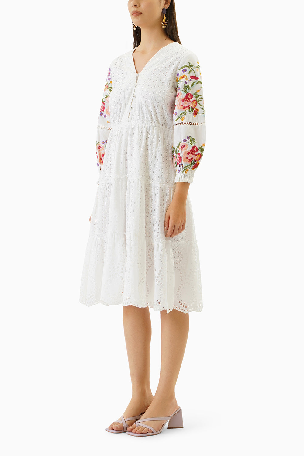 Broderie Tiered Midi Embroidered Dress