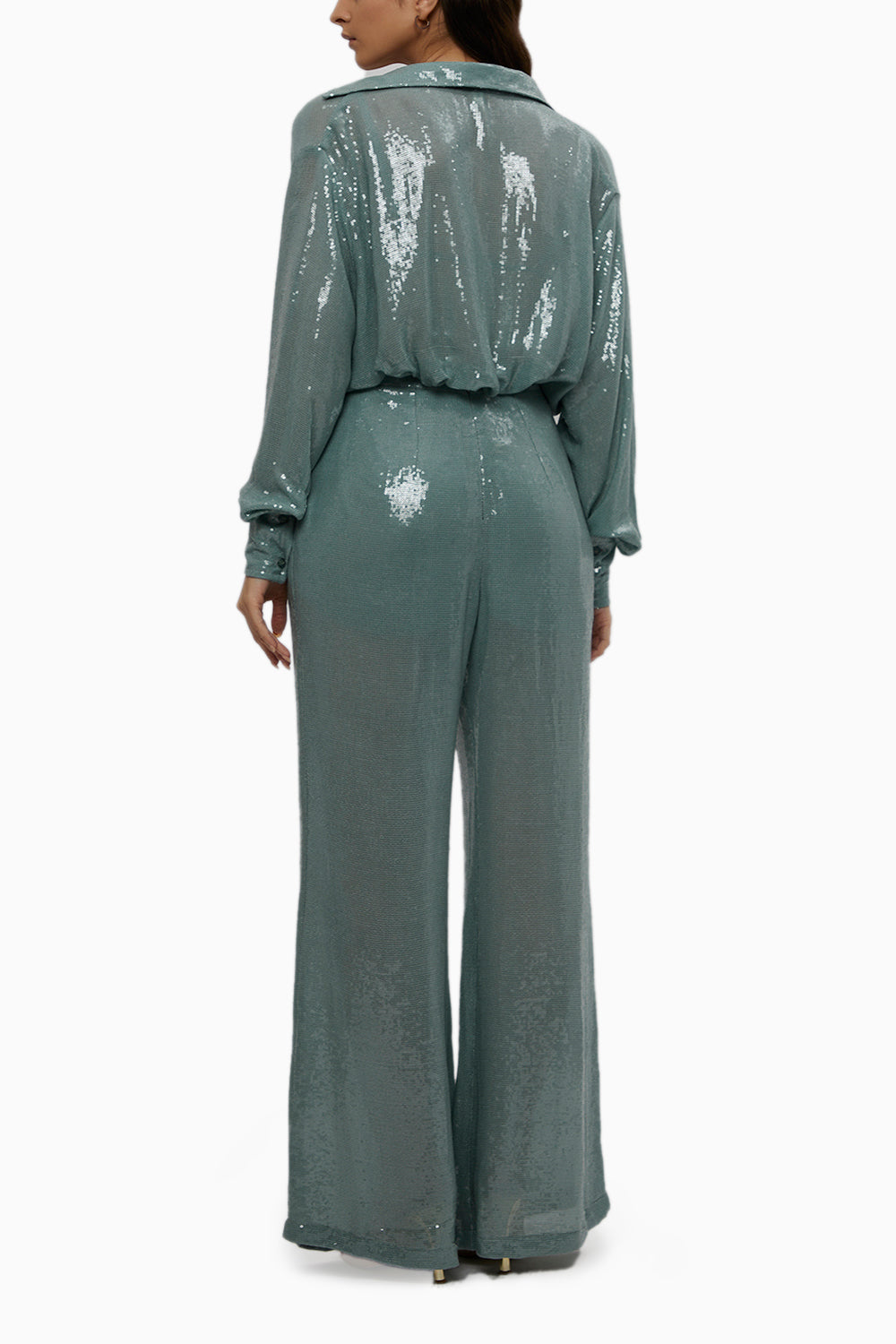 Teal Sequinned Shirt And Bralette Pants