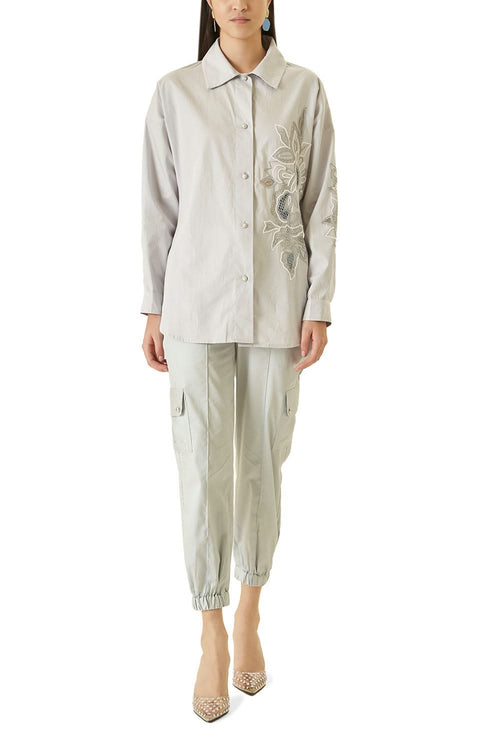 Grey Cutwork Shirt With Beads
