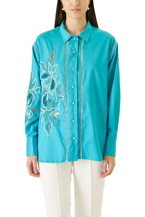 Blue Cutwork Shirt with Beads