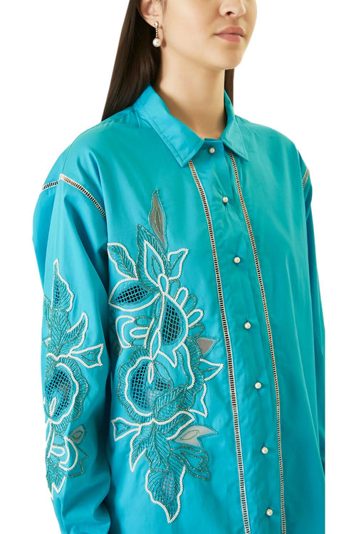Blue Cutwork Shirt with Beads