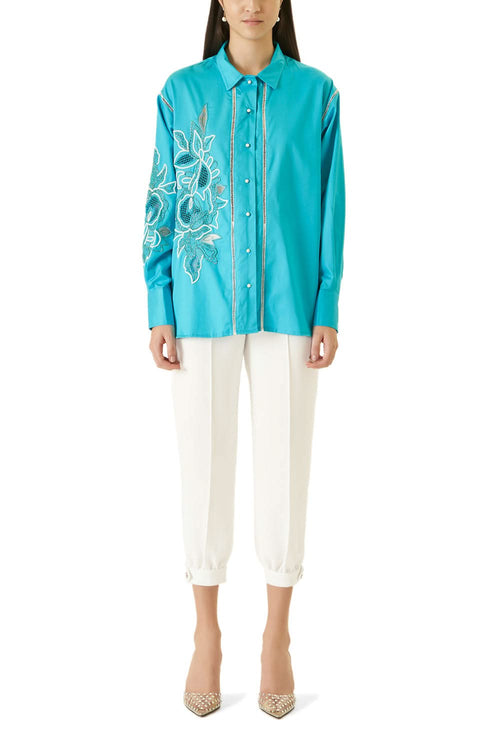 Blue Cutwork Shirt with Beads